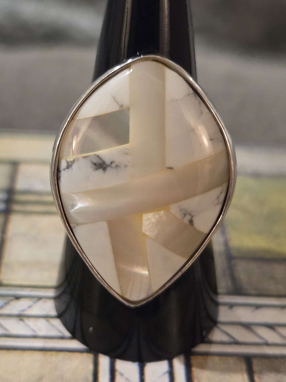 Silpada Sterling Silver Howlite and MOP Mosaic Teardrop Ring